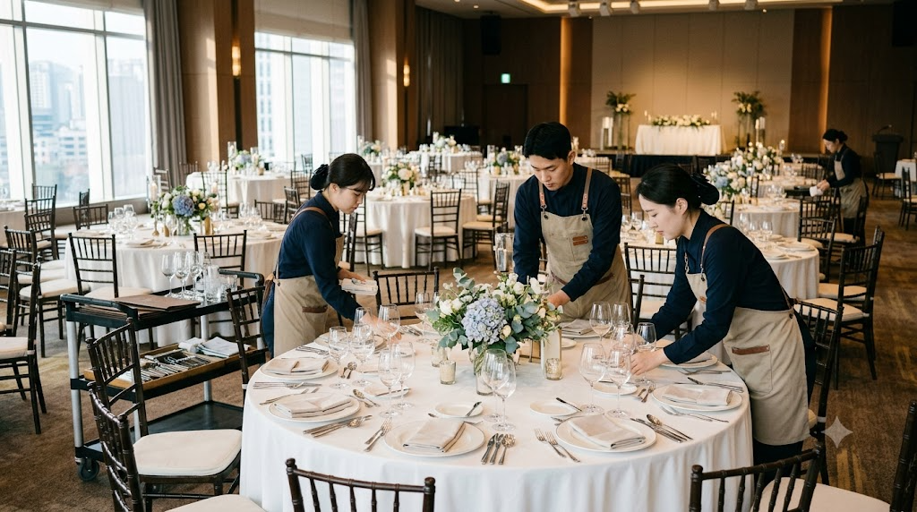 호텔 그랜드볼룸에서 F&B 직원들이 저녁 웨딩 연회를 위해 라운드 테이블을 세팅하는 장면