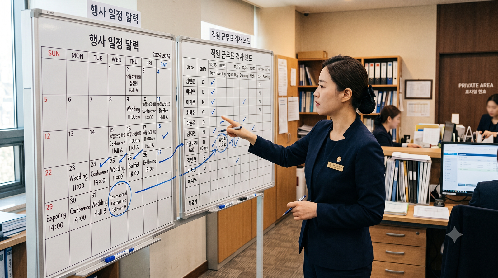 매니저가 벽에 붙은 행사 캘린더와 근무표를 나란히 놓고 시간대별 인원을 대조하며 점검하는 장면
