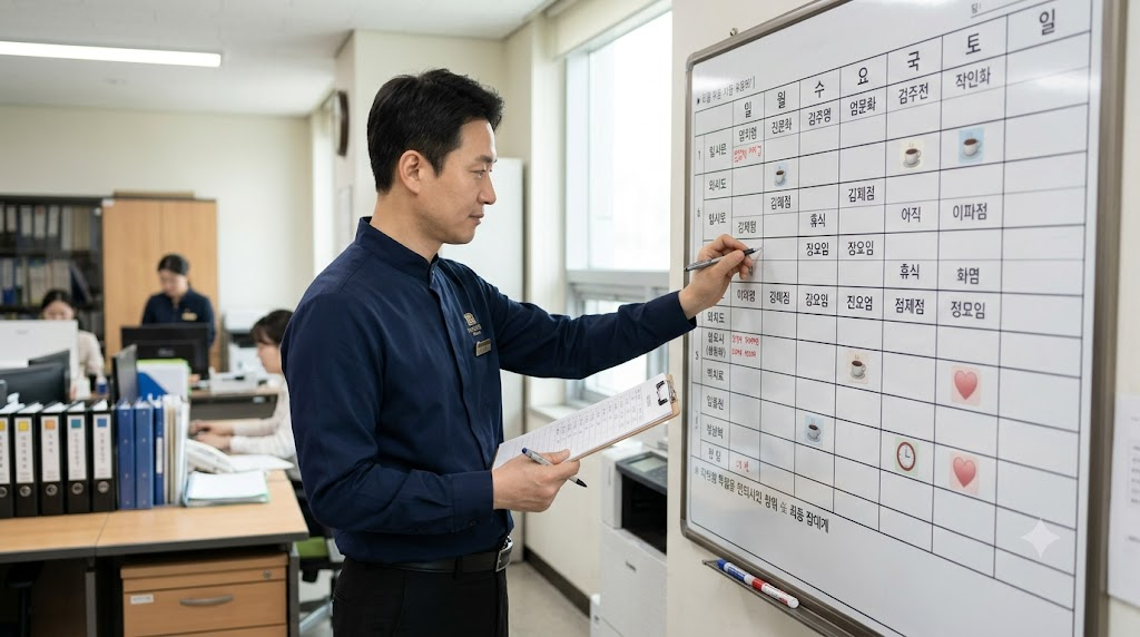 근무표 보드 앞에서 매니저가 휴게 시각과 연장 여부, 보호 대상자 배치를 점검하는 장면