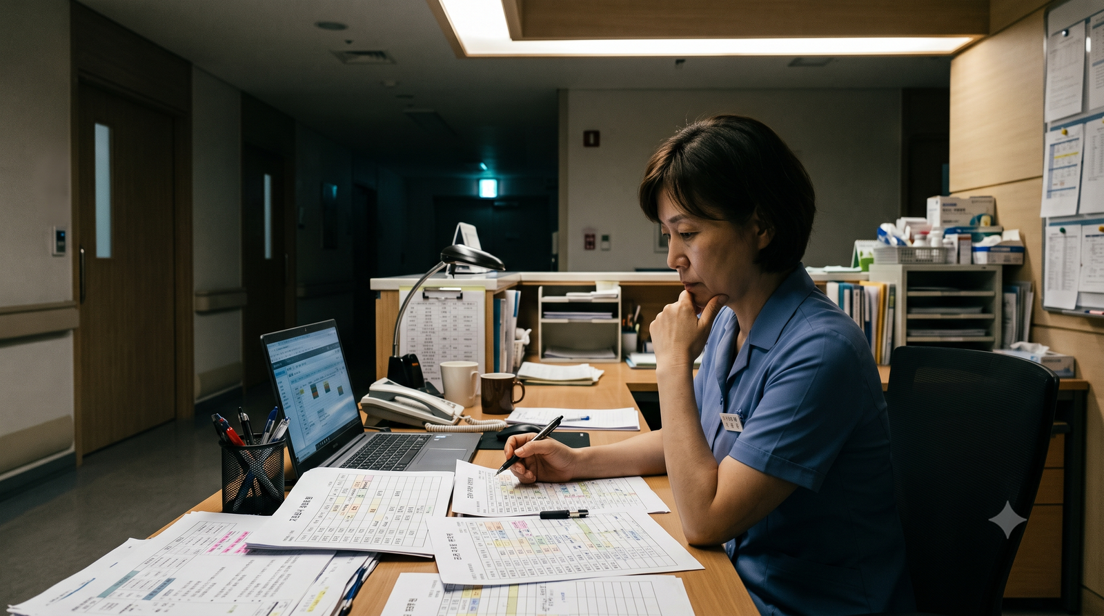 새벽 병동 스테이션에서 수간호사가 듀티표를 펼쳐놓고 배치를 고민하는 장면