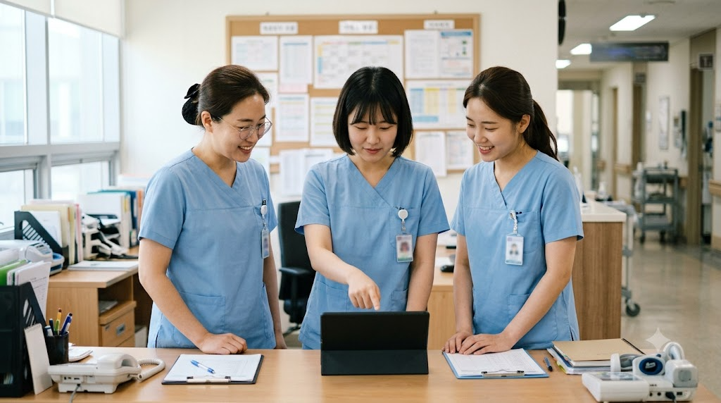 병동 스테이션에서 간호사들이 모여 근무표를 확인하는 장면