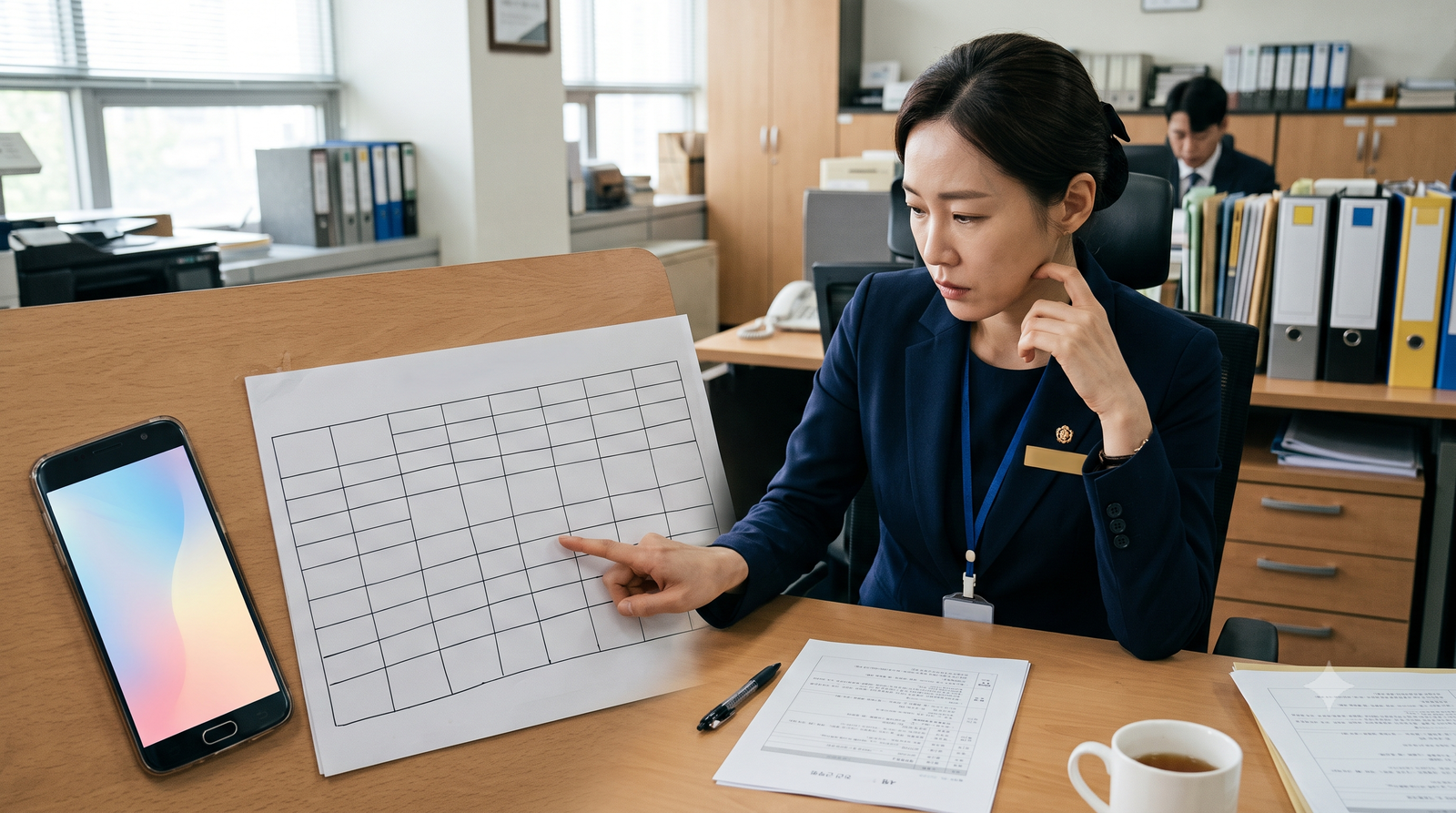 매니저가 근무표 앞에서 갑자기 빈 한 칸을 확인하며 대타를 누구로 채울지 고민하는 장면
