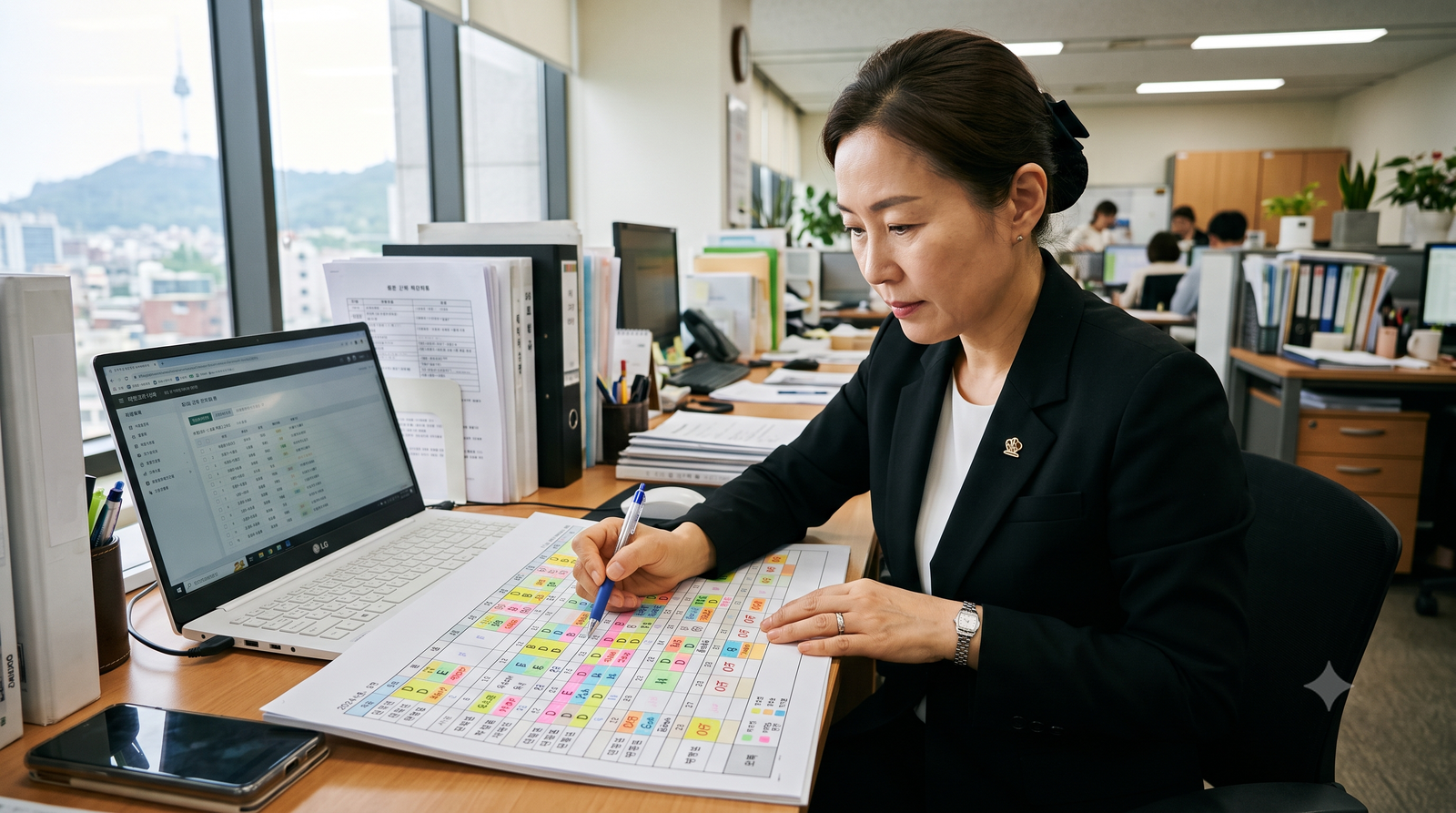 관리자가 책상에서 다음 달 교대근무 근무표를 펼쳐놓고 여러 법규 기준을 하나씩 살펴보는 장면