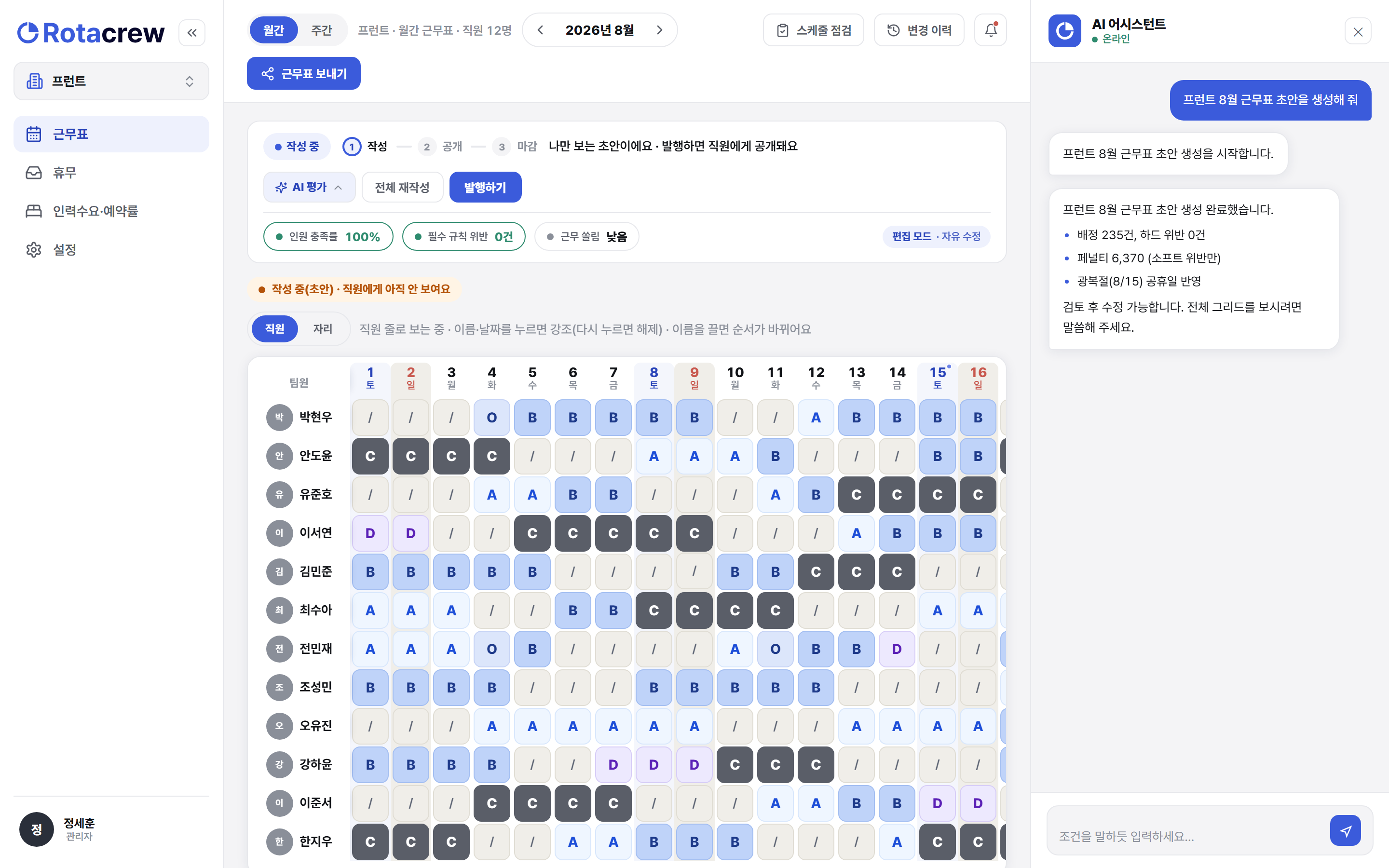 어시스턴트가 남긴 완료 요약 메시지. 배정 235건·필수 규칙 위반은 0건·페널티 6,370·광복절 반영이 목록으로 정리돼 있다.