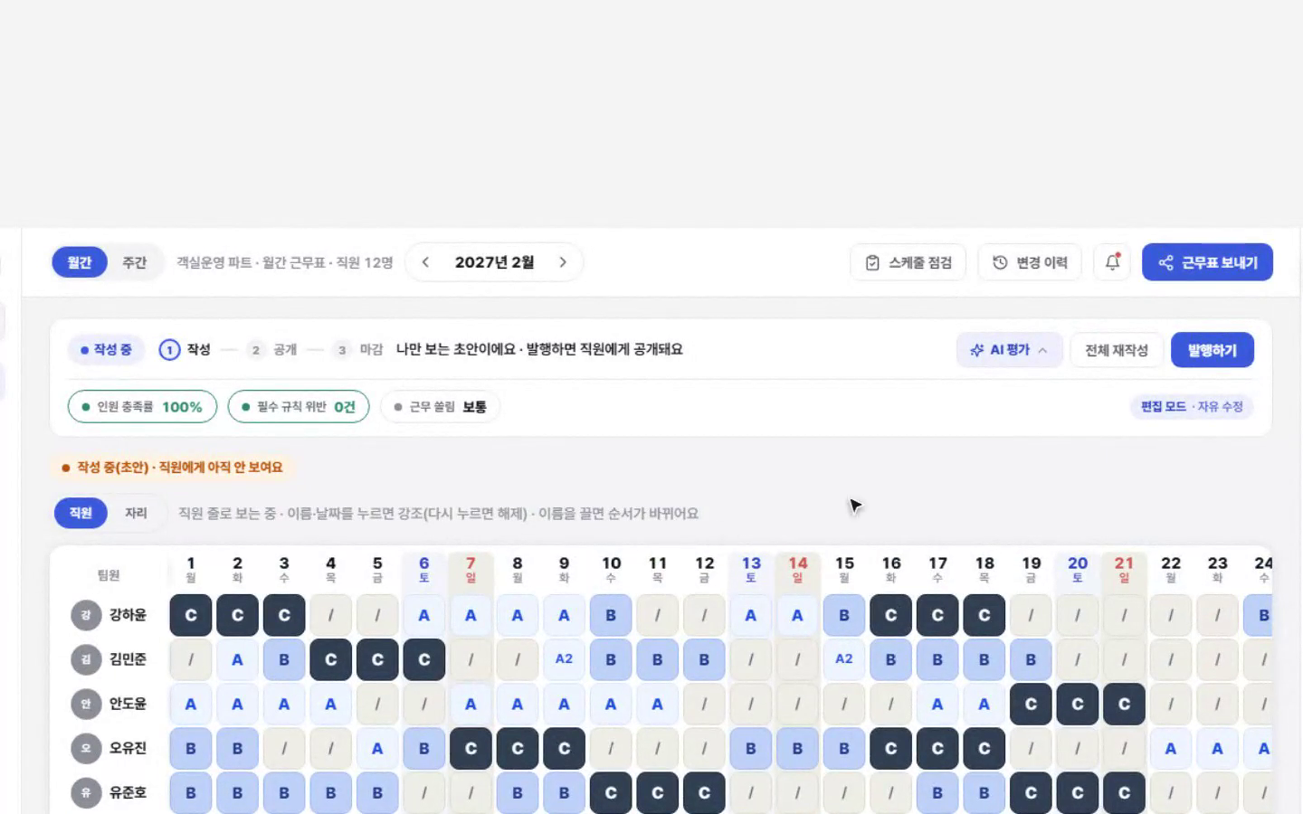 초안 상태 화면. 작성 중 표시와 인원 충족률, 필수 규칙 위반, 근무 쏠림 지표, 발행하기 버튼이 있다.