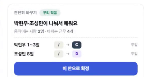 안 카드 아래의 이 안으로 확정 버튼. 움직이는 사람과 바뀌는 근무 수가 함께 표시된다.