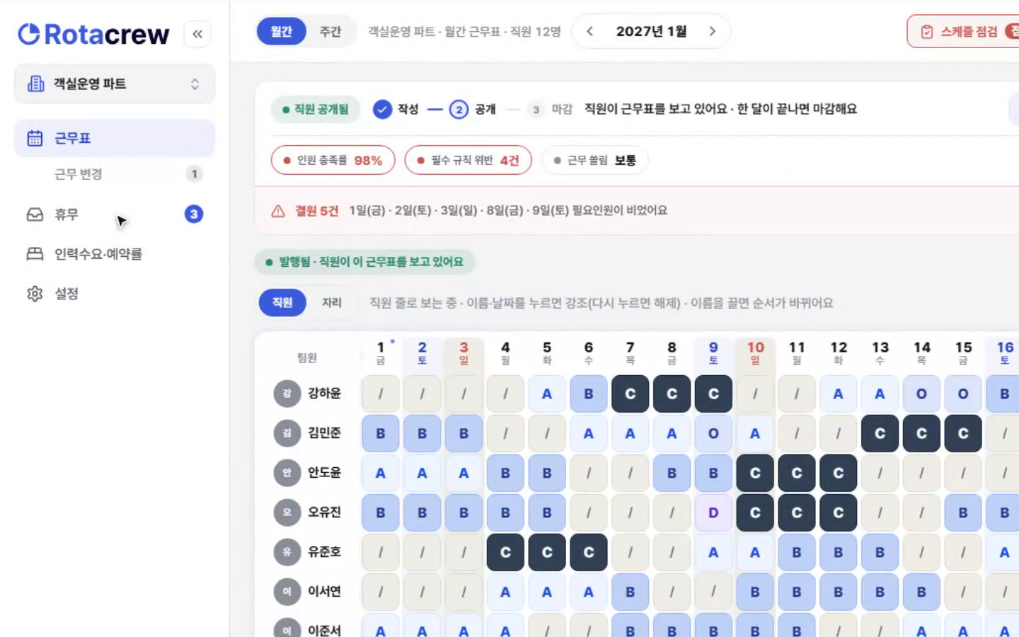 왼쪽 사이드바 확대 화면. 근무표, 근무 변경, 휴무, 인력수요·예약률, 설정 메뉴와 근무표 홈 상단이 보인다.